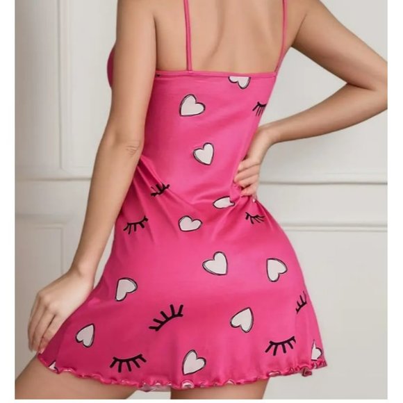 Cute Heart & Eyelash Print Lettuce Trim Slip Nightdress-Pink, Spaghetti Straps - Picture 2 of 4